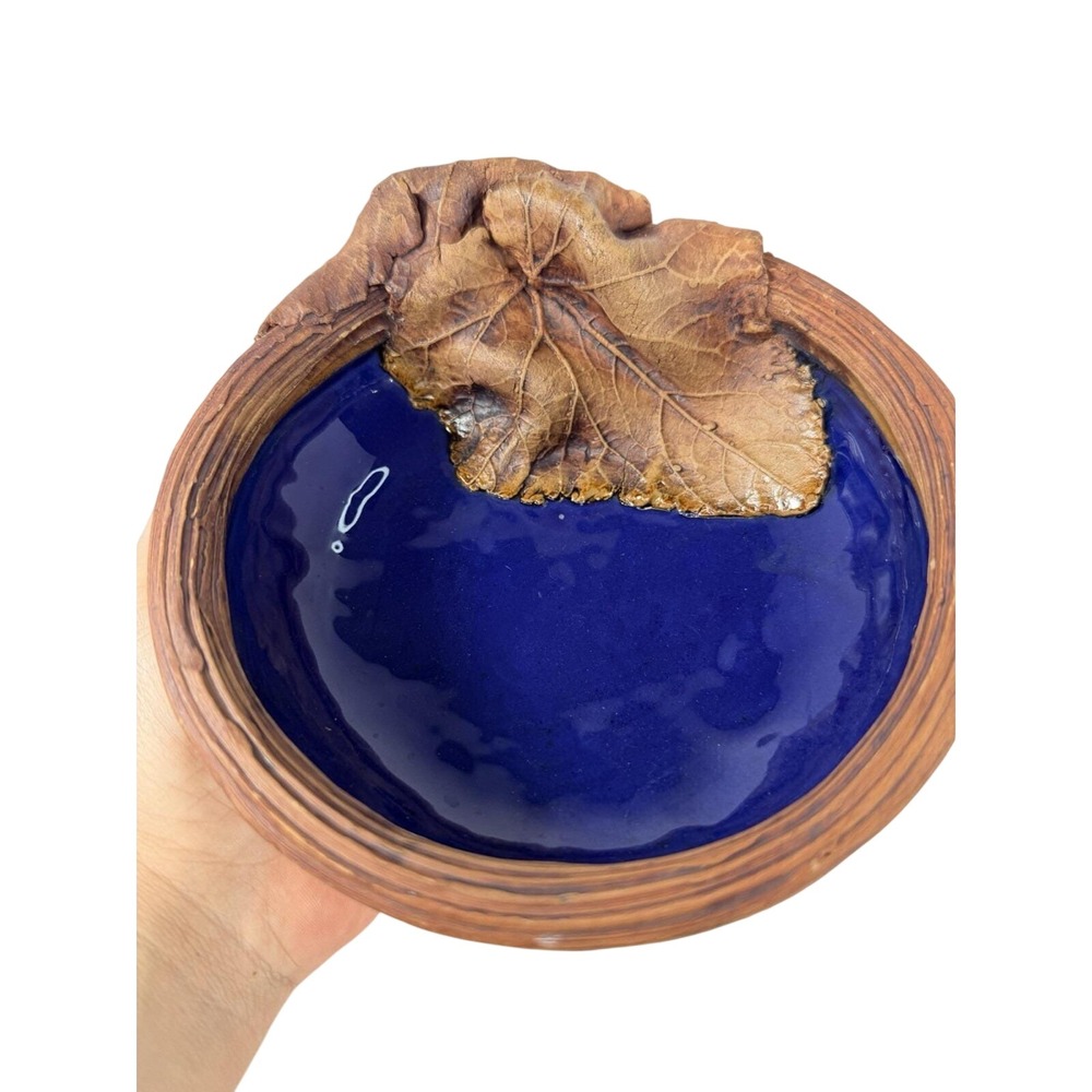 Vintage Ellen Evans Terafirma Pottery‎ Bowl W/ Grape Leaf Cobalt Blue Glaze